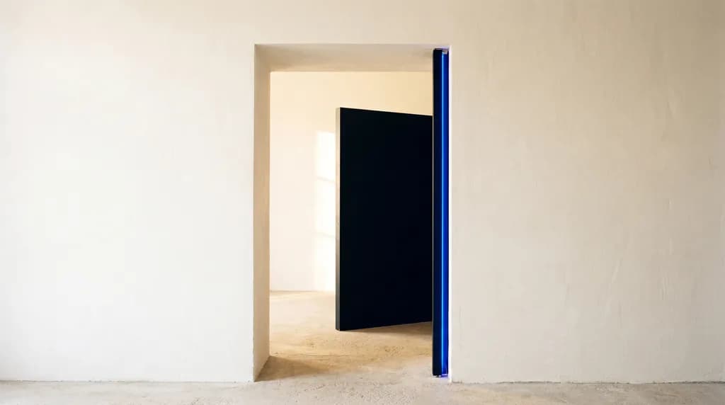 Minimalist threshold opening into warm morning light