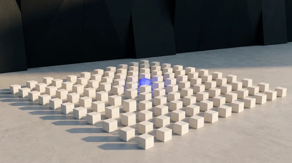 Ordered grid of plaster cubes with one glowing in cobalt blue