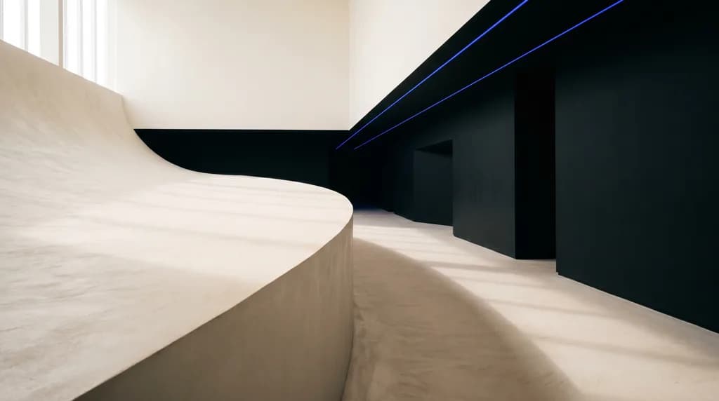 Curving pathway leading through a minimalist interior space